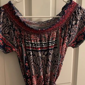 Red and navy print dress